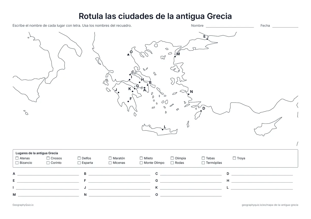 Vista previa de la ficha para imprimir «Rotula las ciudades de la antigua Grecia»: Quince lugares con letra, de Atenas y Esparta a Maratón, Troya y el monte Olimpo