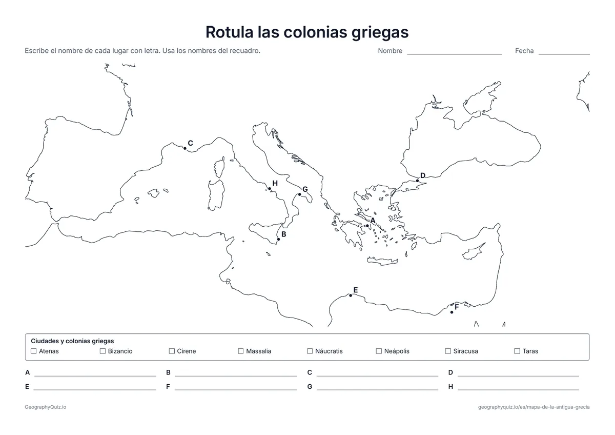 Vista previa de la ficha para imprimir «Rotula las colonias griegas»: Ocho ciudades con letra alrededor del Mediterráneo