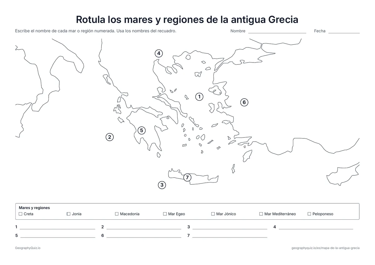 Vista previa de la ficha para imprimir «Rotula los mares y regiones de la antigua Grecia»: Los alumnos nombran los mares Egeo, Jónico y Mediterráneo y las regiones de Macedonia, el Peloponeso, Jonia y Creta
