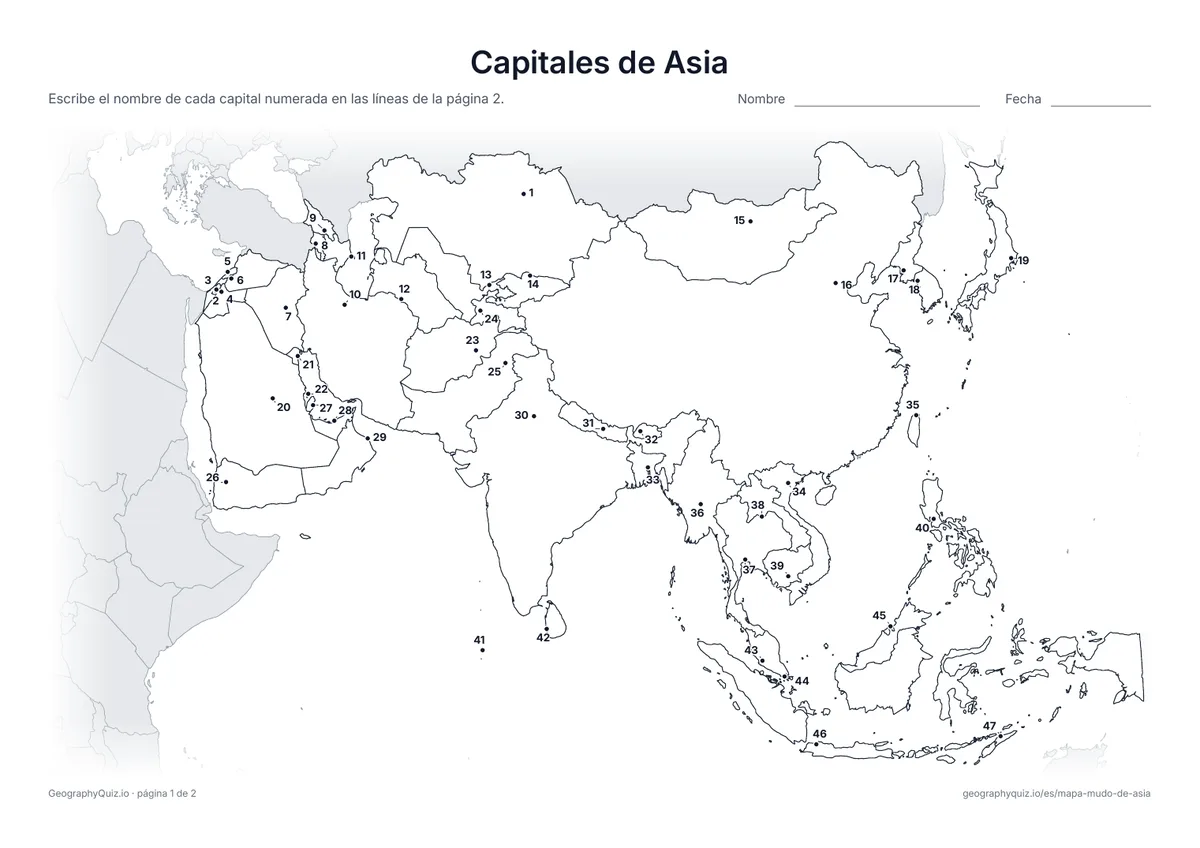Vista previa de la ficha para imprimir «Capitales de Asia»