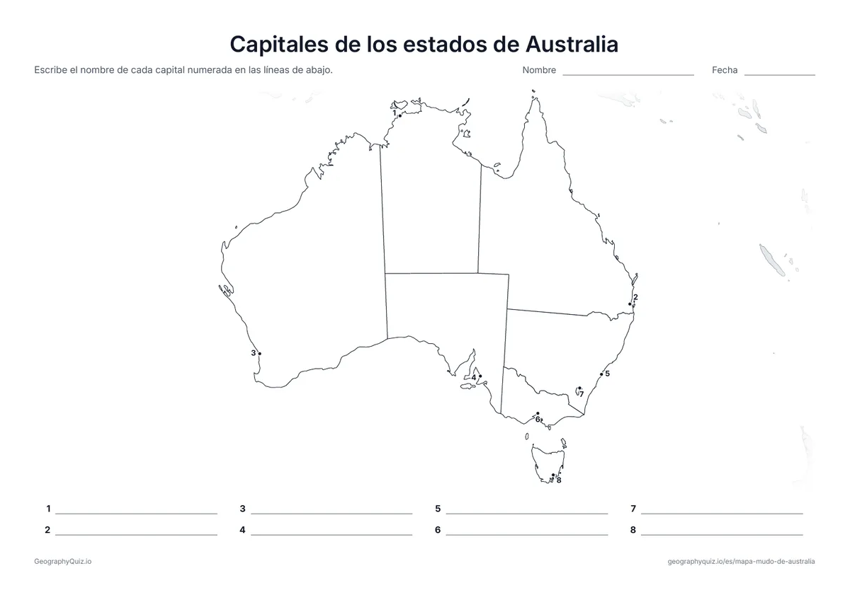 Vista previa de la ficha para imprimir «Capitales de los estados de Australia»