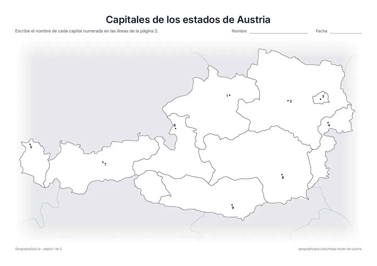 Vista previa de la ficha para imprimir «Capitales de los estados de Austria»