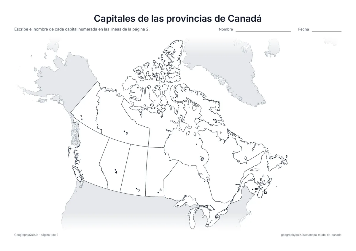 Vista previa de la ficha para imprimir «Capitales de las provincias de Canadá»