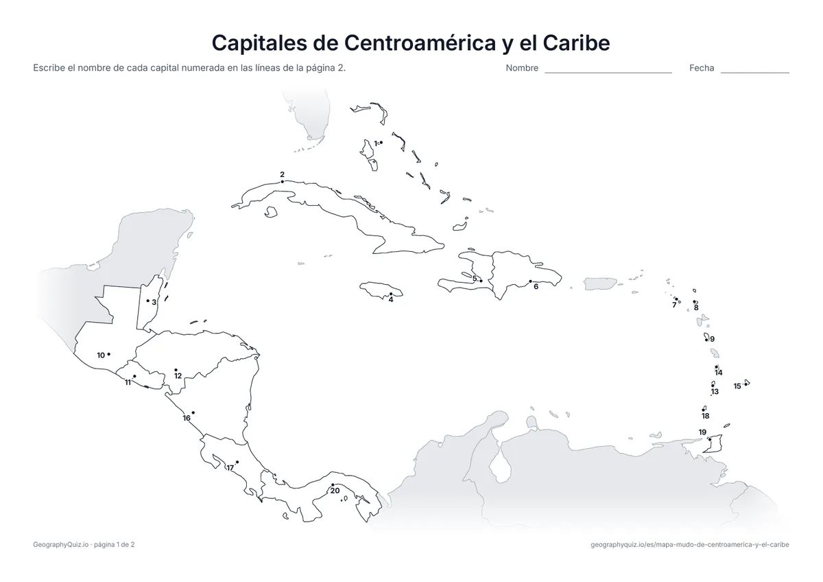 Vista previa de la ficha para imprimir «Capitales de Centroamérica y el Caribe»