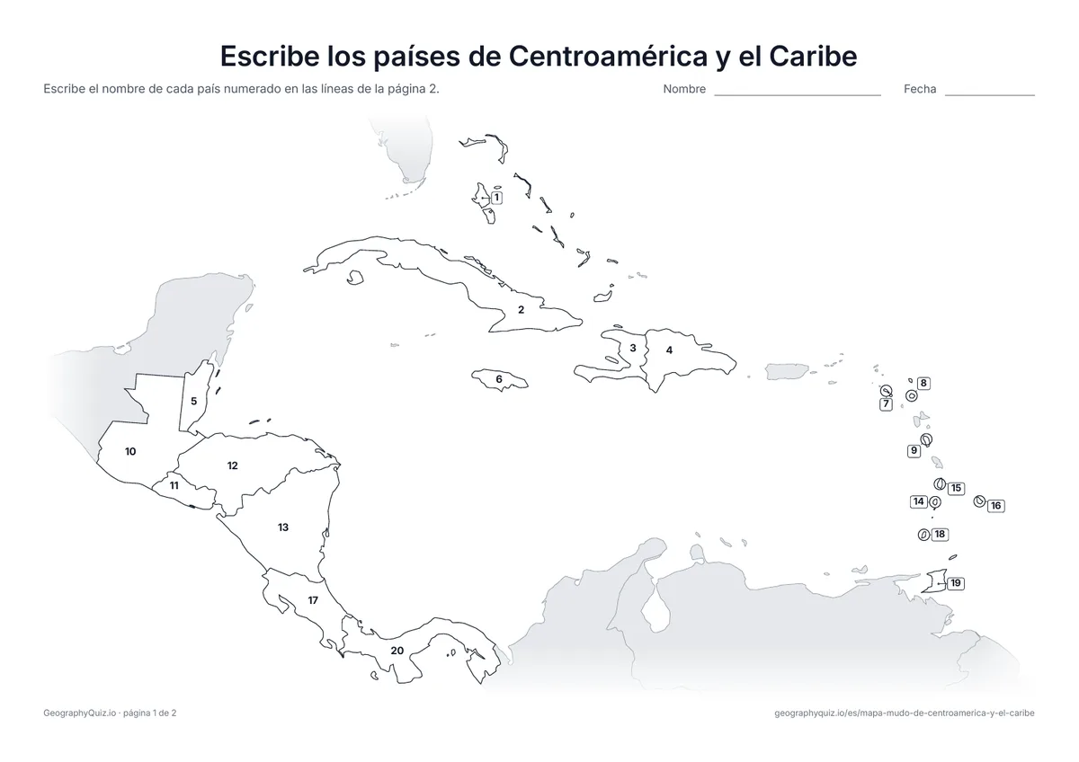 Vista previa de la ficha para imprimir «Escribe los países de Centroamérica y el Caribe»
