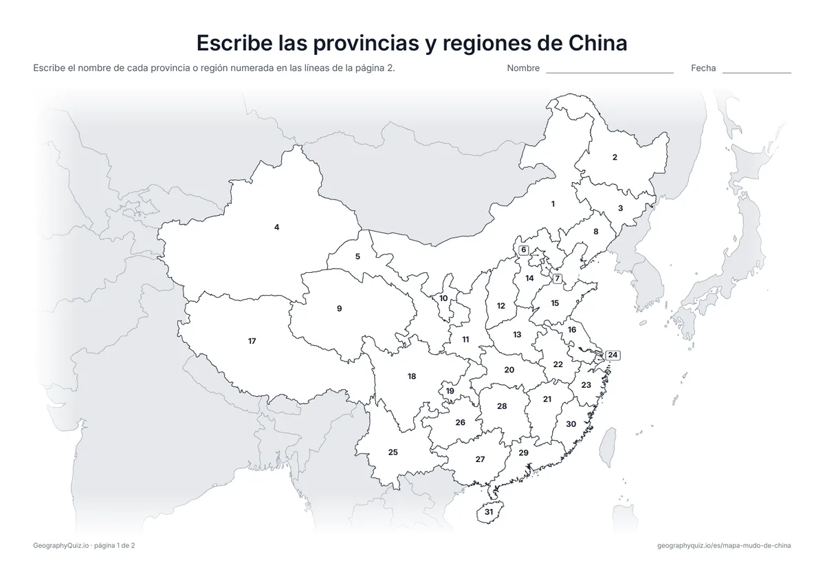 Vista previa de la ficha para imprimir «Escribe las provincias y regiones de China»