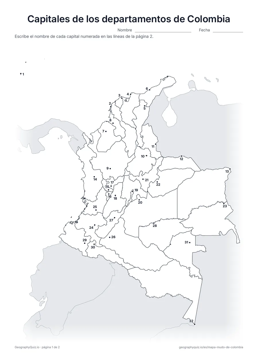 Vista previa de la ficha para imprimir «Capitales de los departamentos de Colombia»