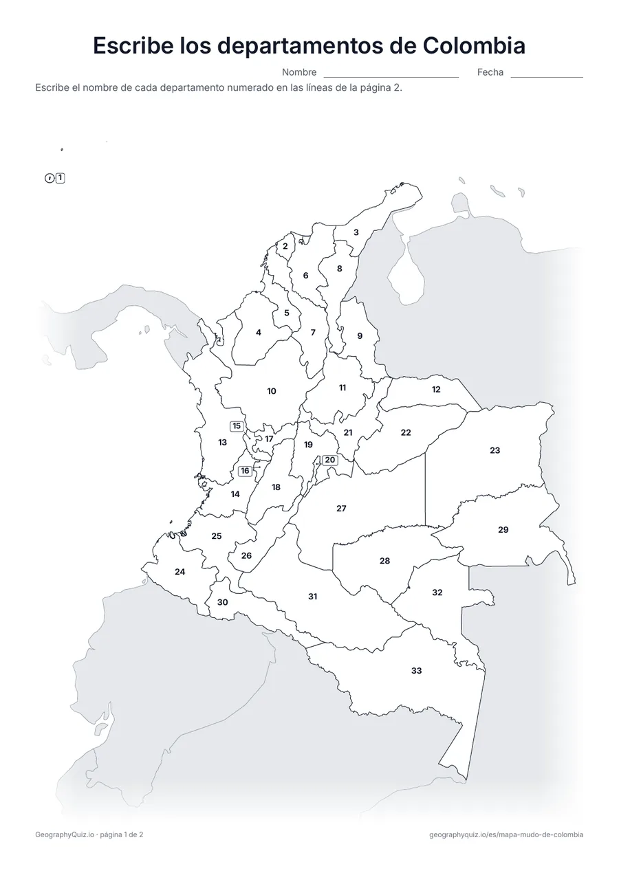 Vista previa de la ficha para imprimir «Escribe los departamentos de Colombia»