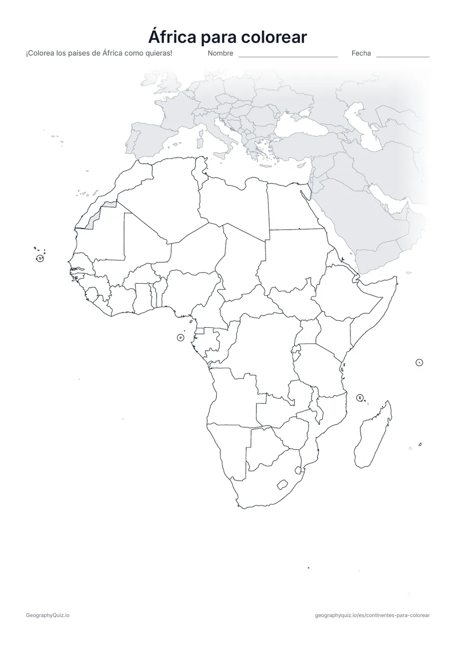 Vista previa de la ficha para imprimir «África para colorear»: Un mapa de África con los 54 países dibujados, listo para colorear
