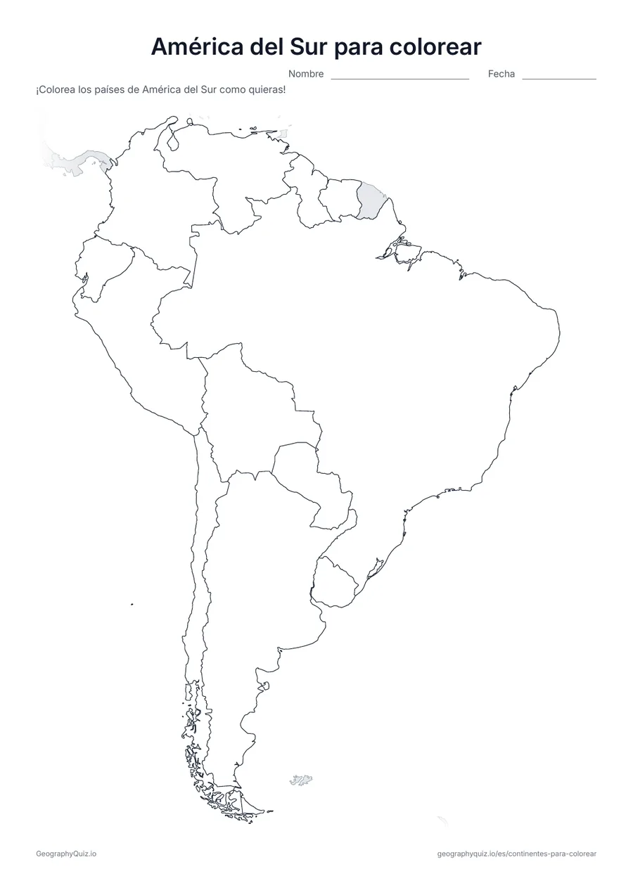 Vista previa de la ficha para imprimir «América del Sur para colorear»: Un mapa de América del Sur con sus 12 países: formas grandes, fáciles de colorear