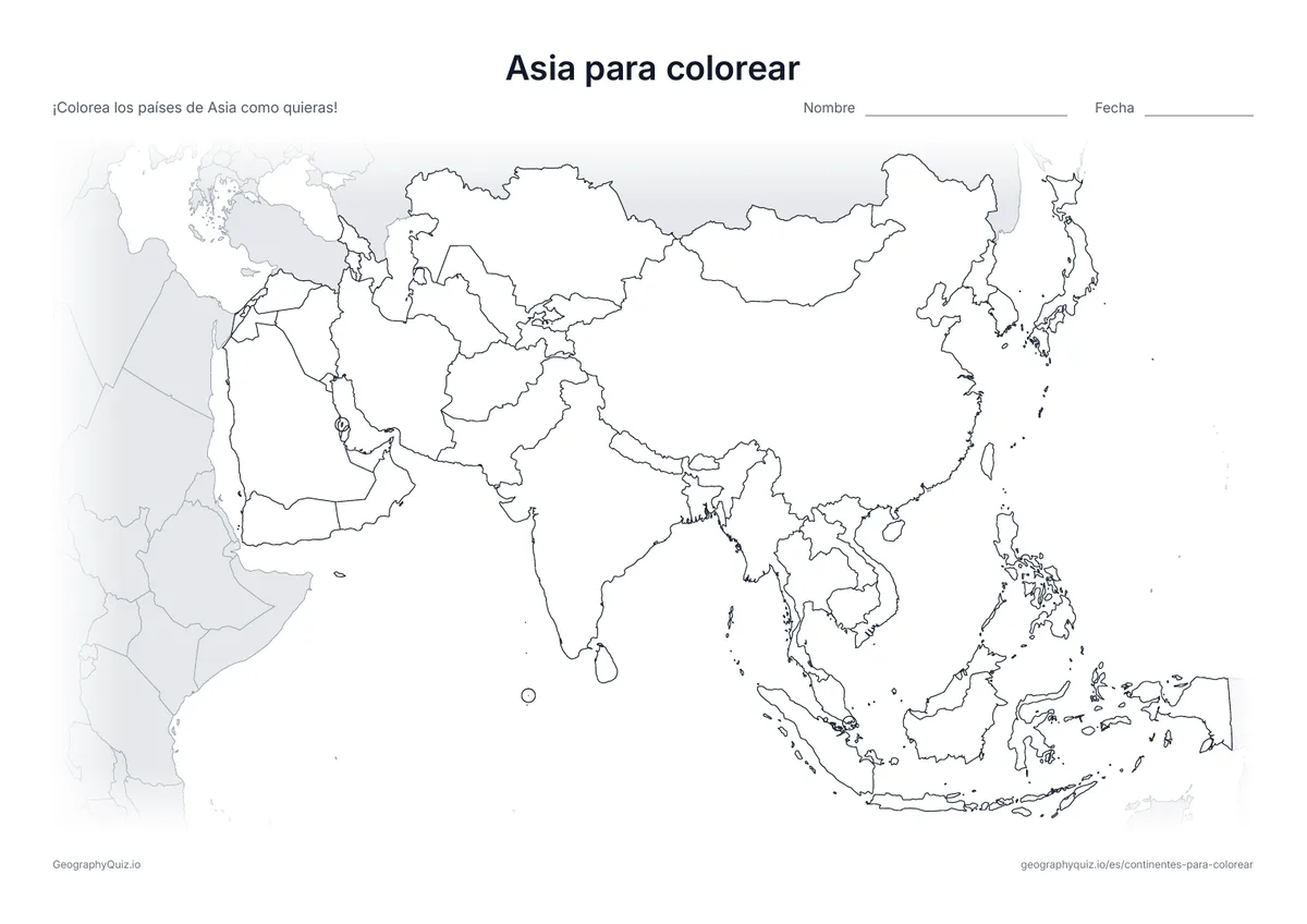 Vista previa de la ficha para imprimir «Asia para colorear»: Un mapa de Asia, el continente más grande, con todos sus países