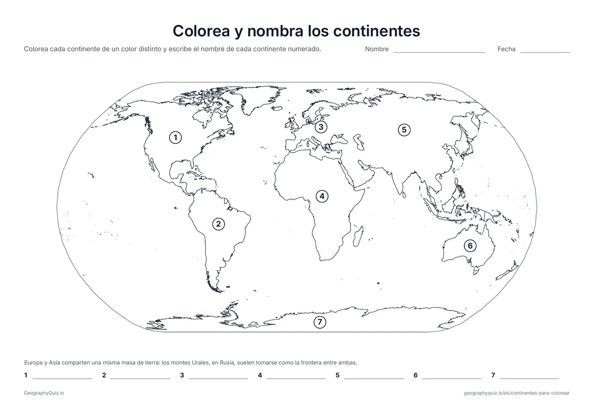 Vista previa de la ficha para imprimir «Colorea y nombra los continentes»: Cada continente lleva un número