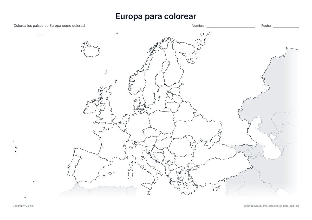 Vista previa de la ficha para imprimir «Europa para colorear»: Un mapa de Europa con todos los países y un círculo en los más pequeños
