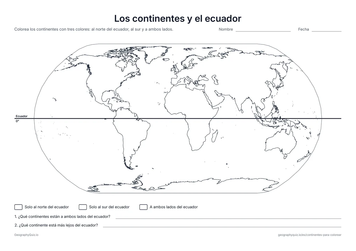 Vista previa de la ficha para imprimir «Los continentes y el ecuador»: El ecuador cruza el mapa