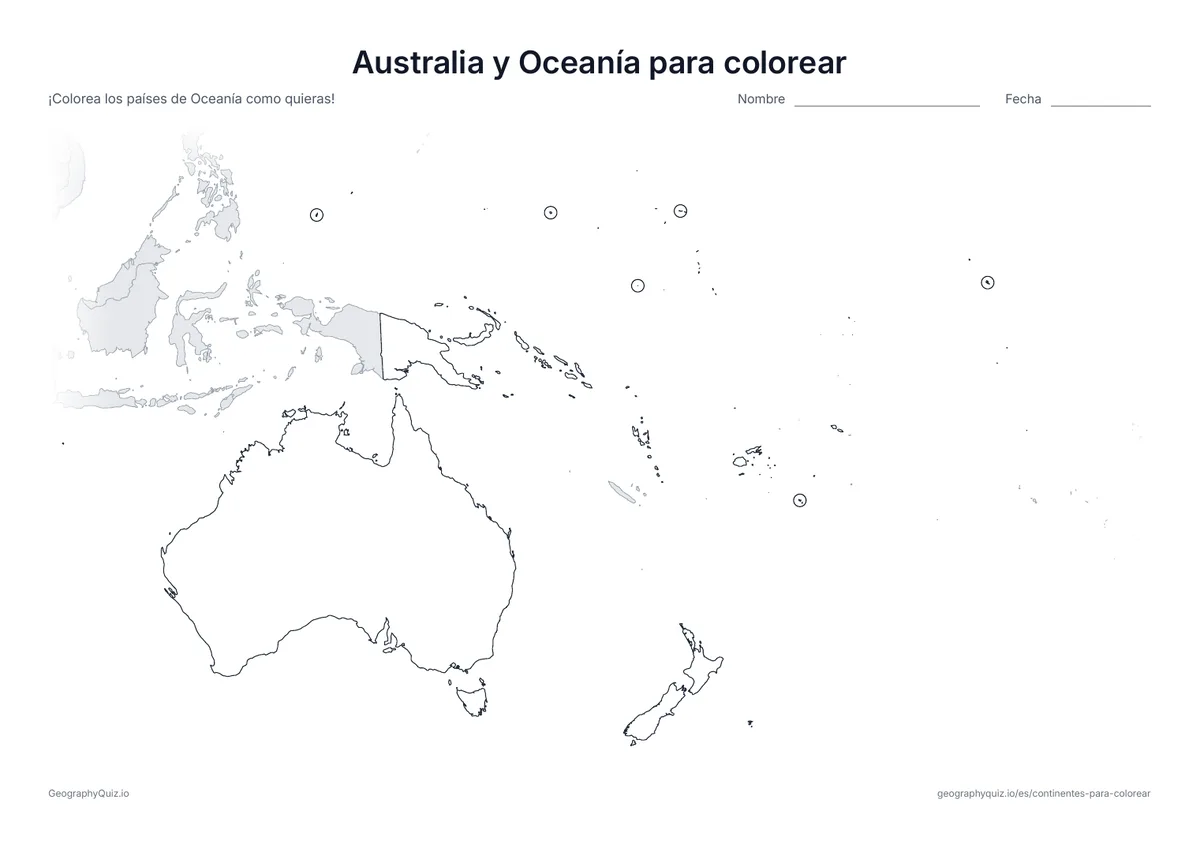 Vista previa de la ficha para imprimir «Australia y Oceanía para colorear»: Un mapa de Australia, Nueva Zelanda y las islas del Pacífico, con un círculo en los países más pequeños