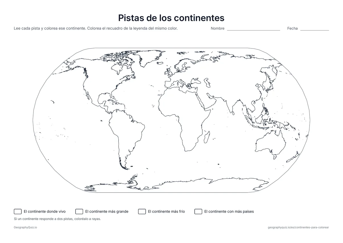 Vista previa de la ficha para imprimir «Pistas de los continentes»: Cuatro pistas, como el continente más frío o el más grande