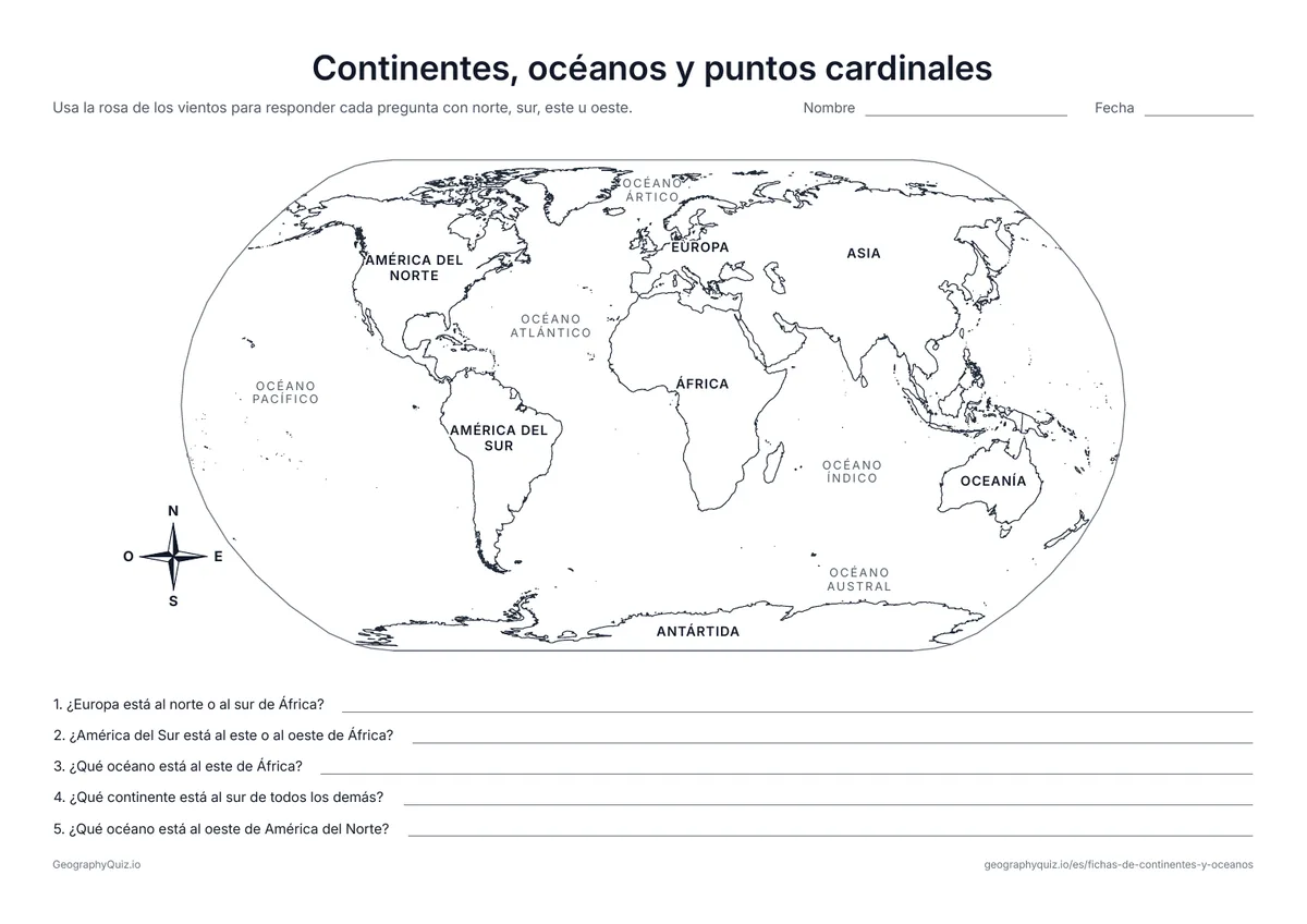 Vista previa de la ficha para imprimir «Continentes, océanos y puntos cardinales»: Un mapa del mundo rotulado con una rosa de los vientos