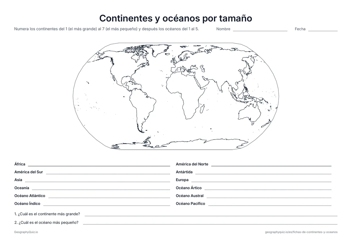 Vista previa de la ficha para imprimir «Continentes y océanos por tamaño»: Los alumnos numeran los continentes del más grande al más pequeño, después los océanos, y responden dos preguntas