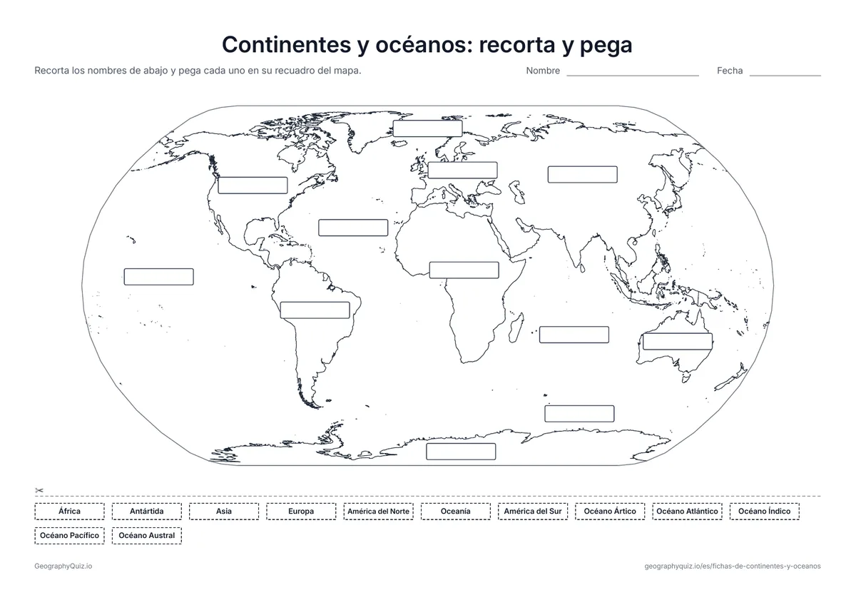Vista previa de la ficha para imprimir «Continentes y océanos: recorta y pega»: Doce recuadros vacíos en el mapa y doce nombres para recortar y pegar en su sitio: una ficha manipulativa para los más pequeños