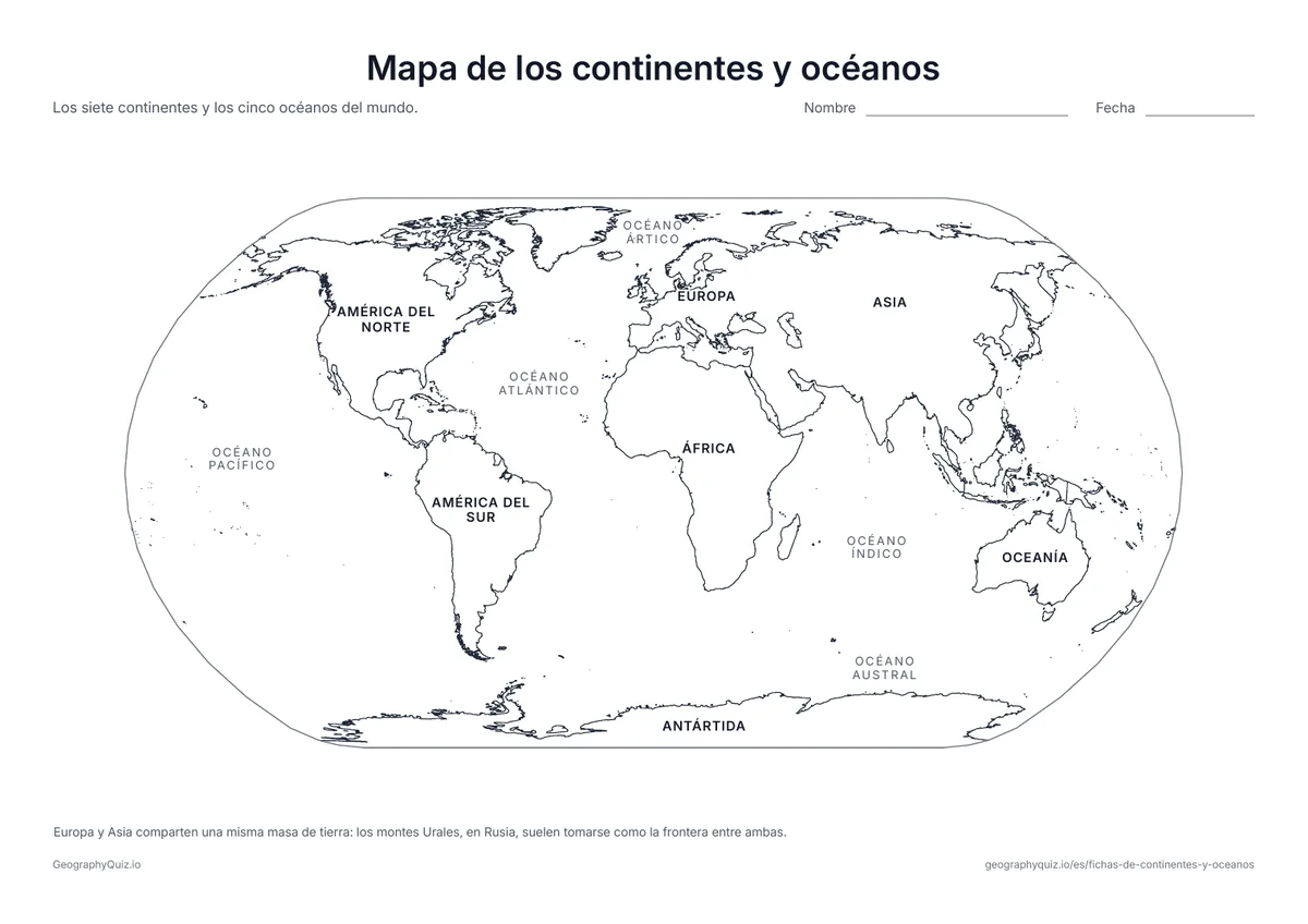 Vista previa de la ficha para imprimir «Mapa de los continentes y océanos»: Un mapa del mundo con los siete continentes y los cinco océanos rotulados: una ficha de referencia para enseñar y corregir