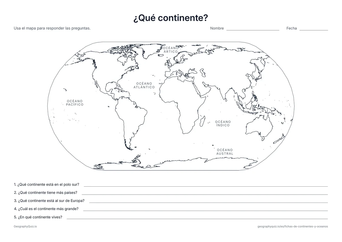 Vista previa de la ficha para imprimir «¿Qué continente?»: Los océanos llevan su nombre en el mapa