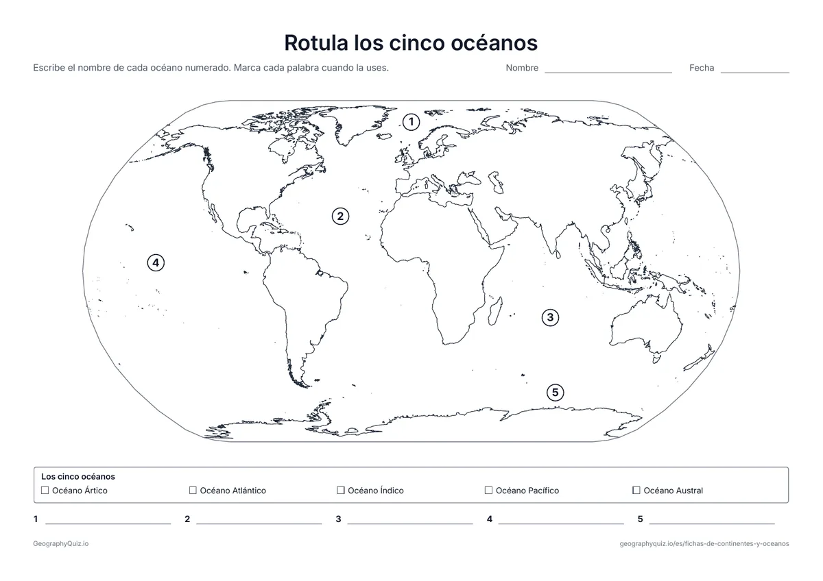 Vista previa de la ficha para imprimir «Rotula los cinco océanos»: Los cinco océanos numerados en un mapa del mundo, con un banco de palabras y una línea para cada uno