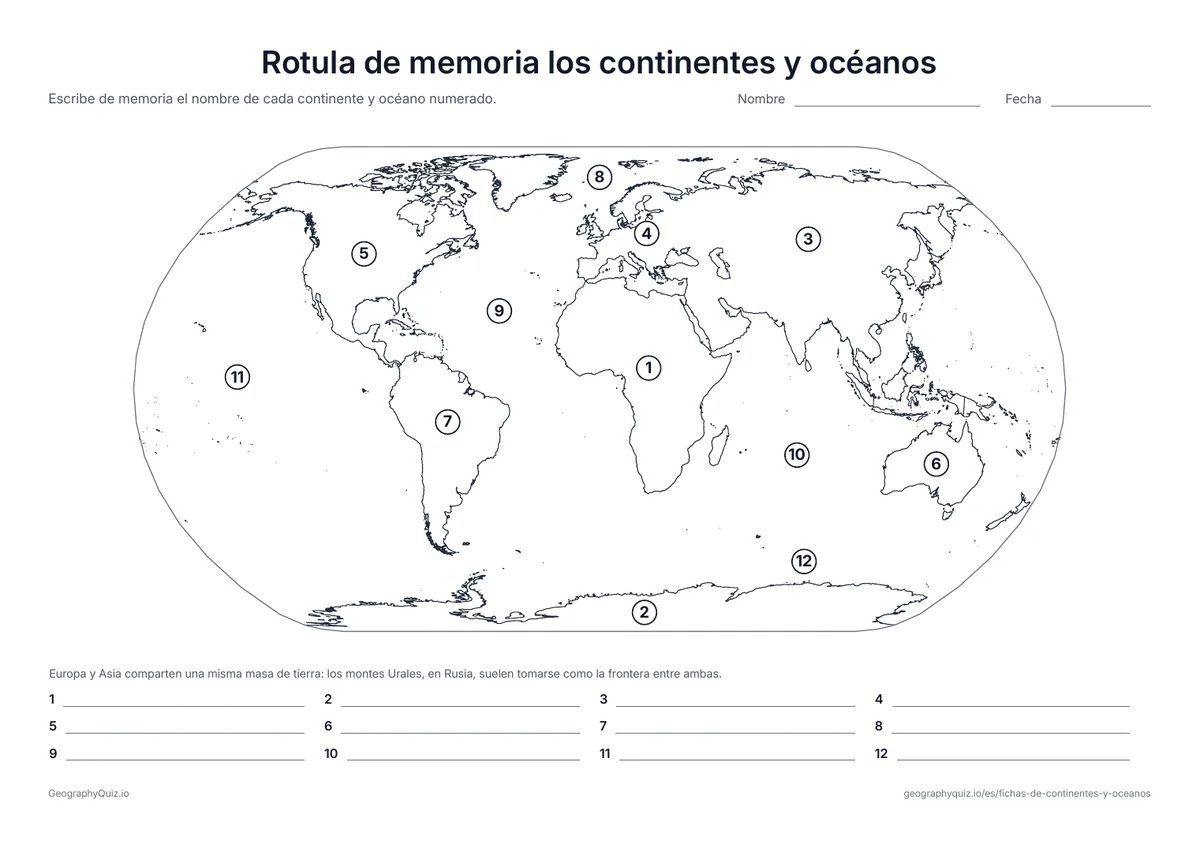 Vista previa de la ficha para imprimir «Rotula de memoria los continentes y océanos»: Los mismos doce números sin banco de palabras: un repaso rápido de lo que recuerdan los alumnos