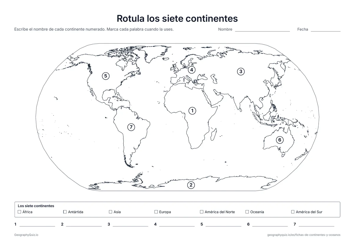 Vista previa de la ficha para imprimir «Rotula los siete continentes»: Los siete continentes numerados en un mapa del mundo, con un banco de palabras y una línea para cada uno