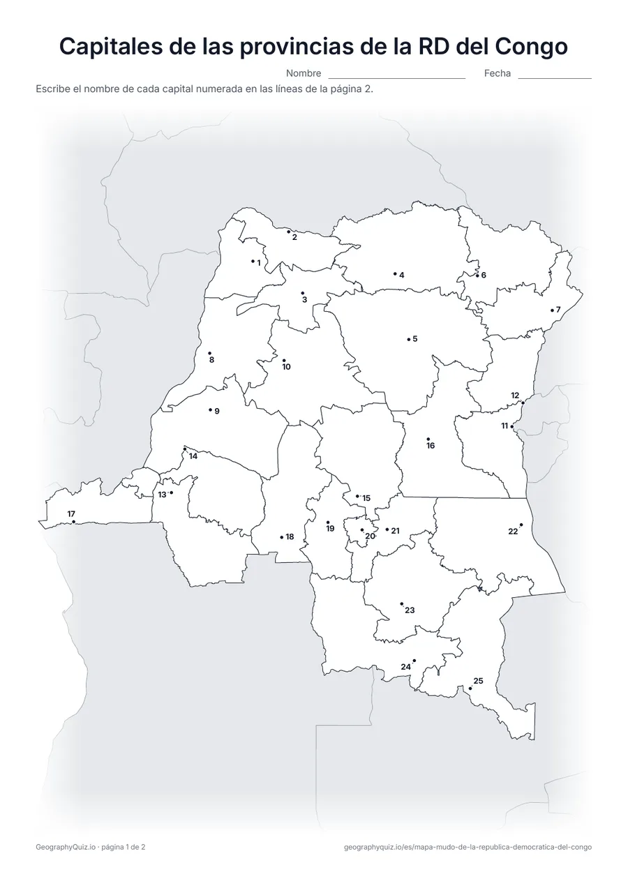 Vista previa de la ficha para imprimir «Capitales de las provincias de la RD del Congo»