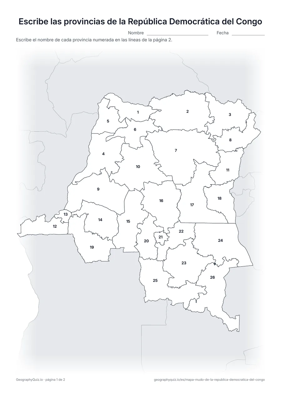 Vista previa de la ficha para imprimir «Escribe las provincias de la República Democrática del Congo»