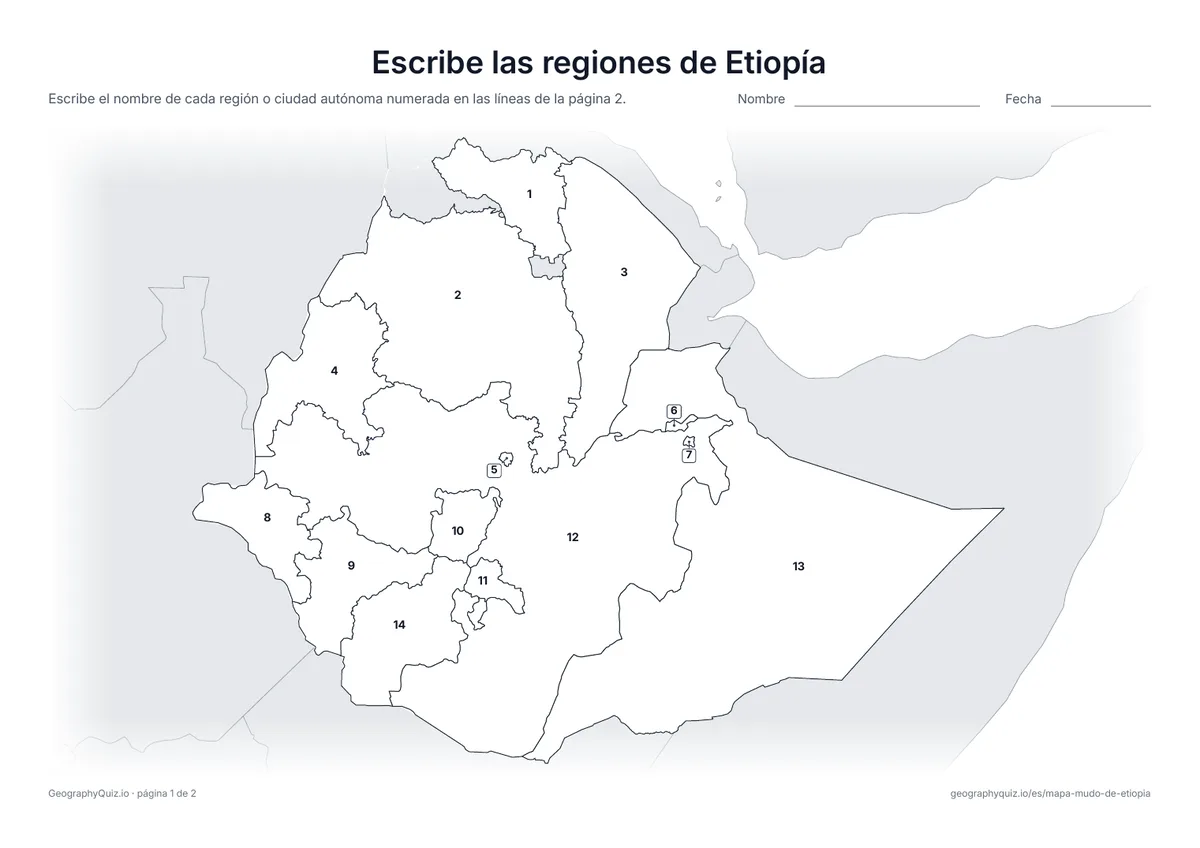 Vista previa de la ficha para imprimir «Escribe las regiones de Etiopía»