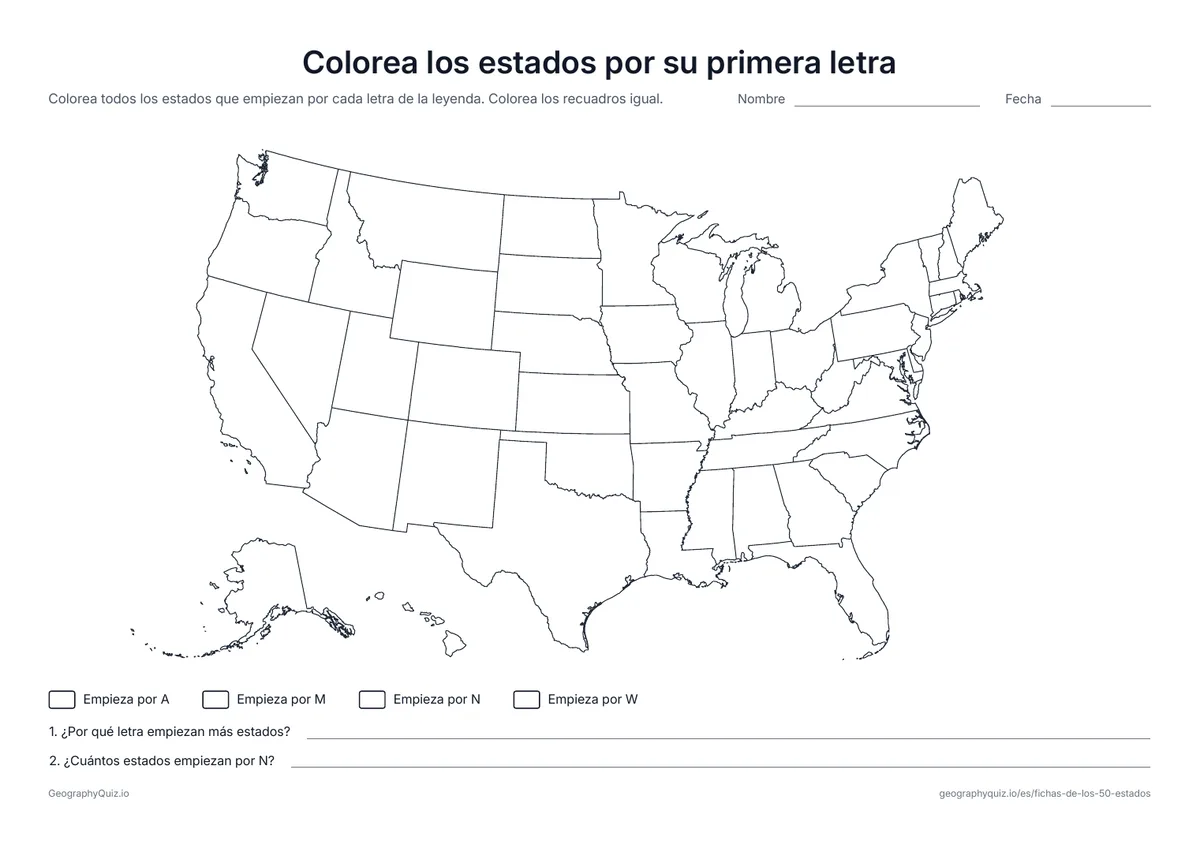 Vista previa de la ficha para imprimir «Colorea los estados por su primera letra»: Los alumnos colorean los estados que empiezan por A, M, N o W según la leyenda y cuentan cada grupo
