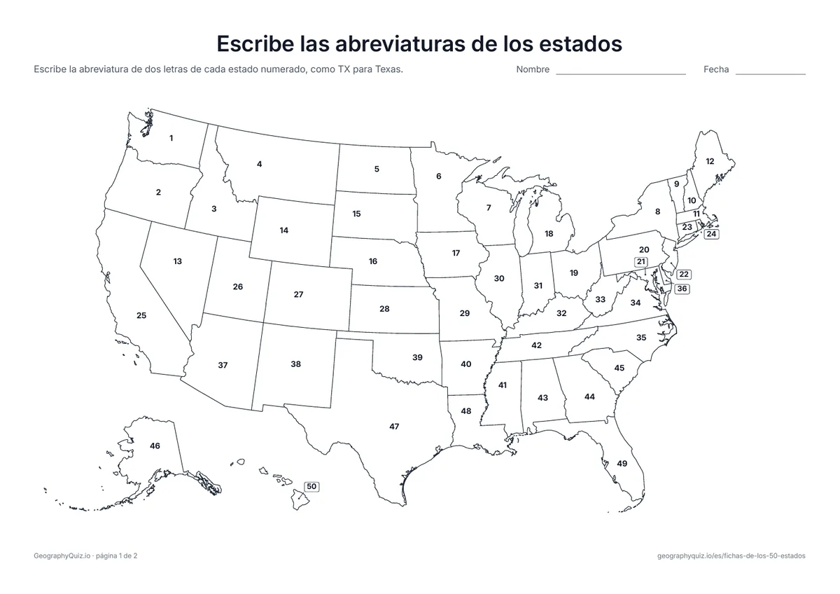 Vista previa de la ficha para imprimir «Escribe las abreviaturas de los estados»: Los estados están numerados