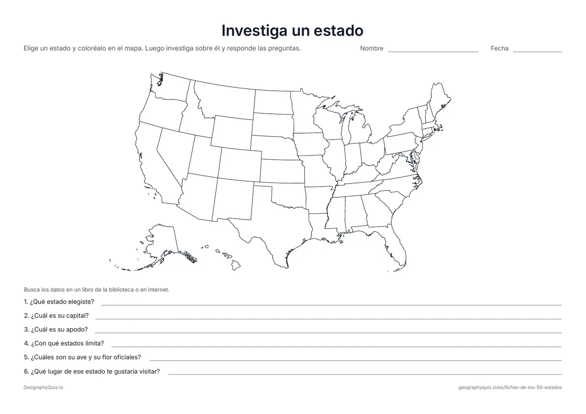 Vista previa de la ficha para imprimir «Investiga un estado»: Los alumnos eligen un estado, lo colorean en el mapa y escriben su capital, su apodo, sus vecinos, su ave y su flor oficiales