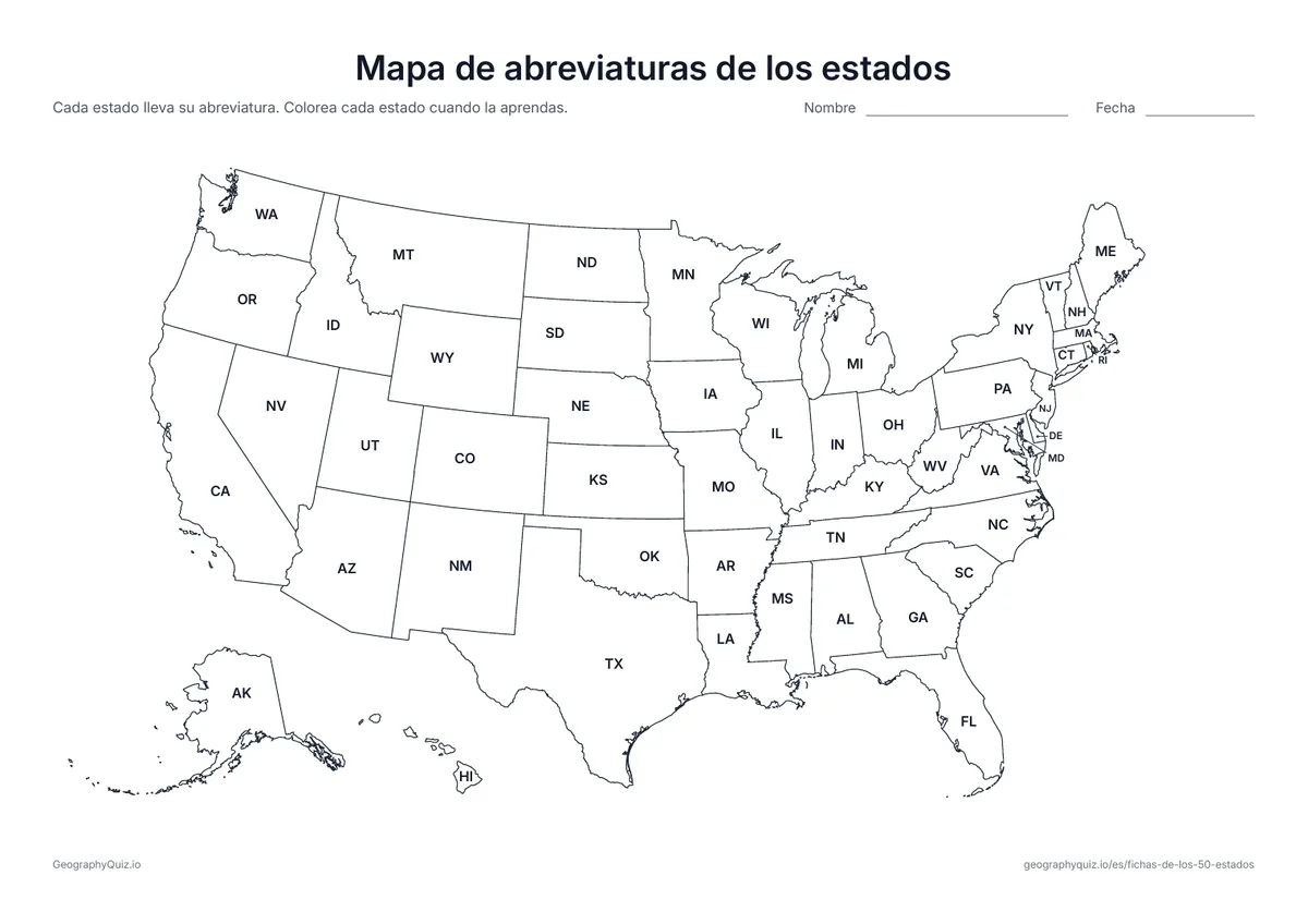 Vista previa de la ficha para imprimir «Mapa de abreviaturas de los estados»: Cada estado con su abreviatura de dos letras, de AL a WY