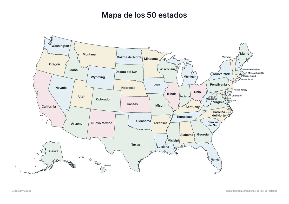 Vista previa de la ficha para imprimir «Mapa de los 50 estados»: Un mapa de Estados Unidos con todos los estados rotulados, en colores suaves: una referencia para guardar o exponer