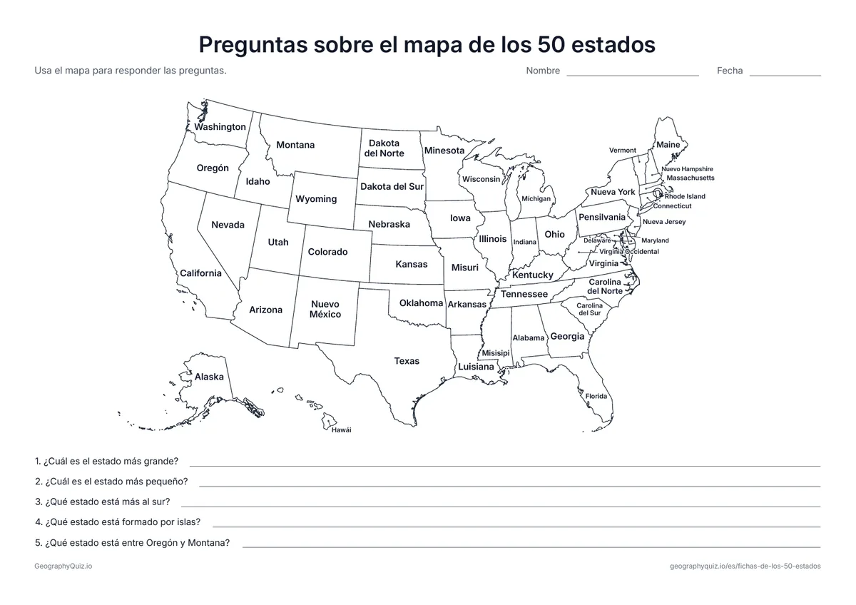 Vista previa de la ficha para imprimir «Preguntas sobre el mapa de los 50 estados»: Un mapa con todos los estados rotulados y cinco preguntas sobre los estados más grandes, pequeños y lejanos