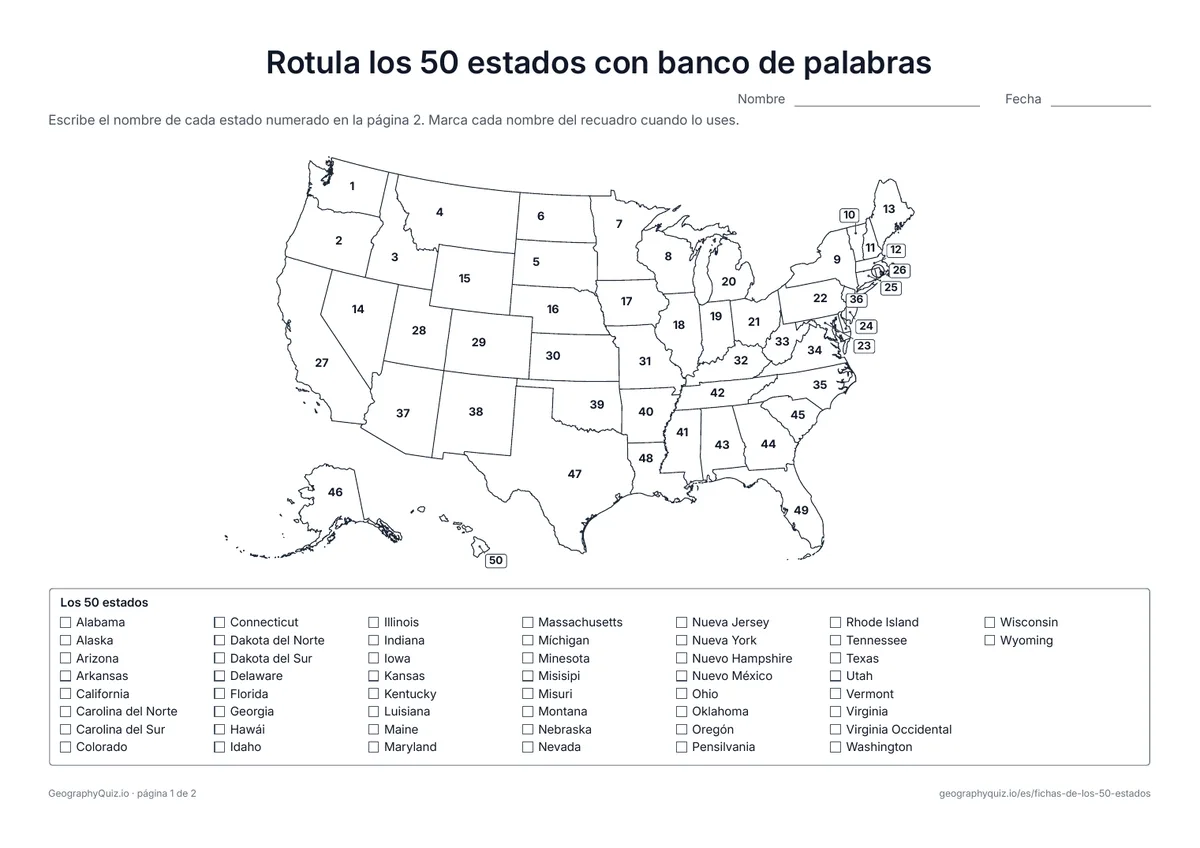 Vista previa de la ficha para imprimir «Rotula los 50 estados con banco de palabras»: Cada estado está numerado