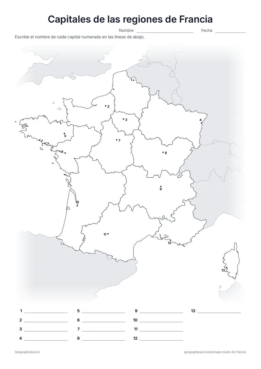 Vista previa de la ficha para imprimir «Capitales de las regiones de Francia»