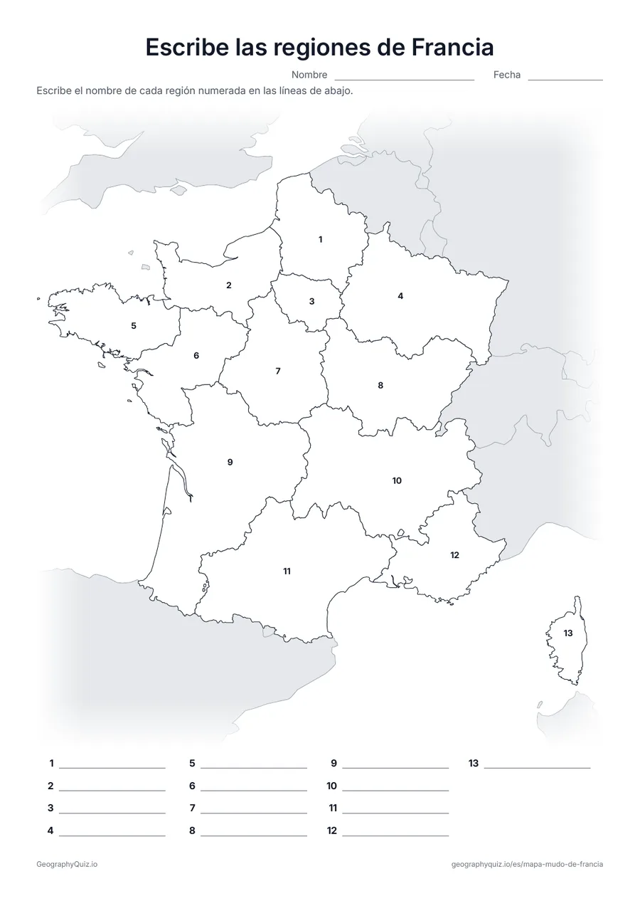 Vista previa de la ficha para imprimir «Escribe las regiones de Francia»
