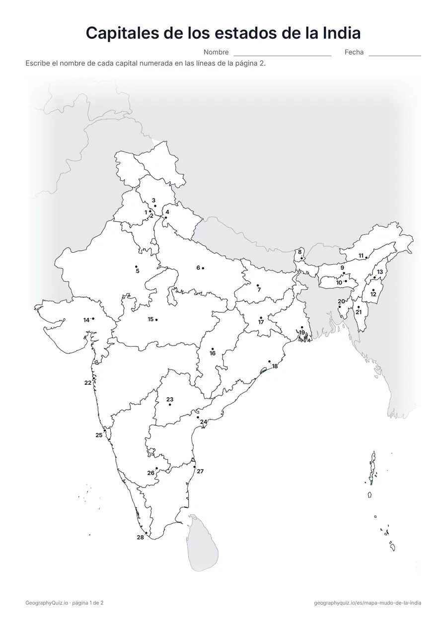 Vista previa de la ficha para imprimir «Capitales de los estados de la India»