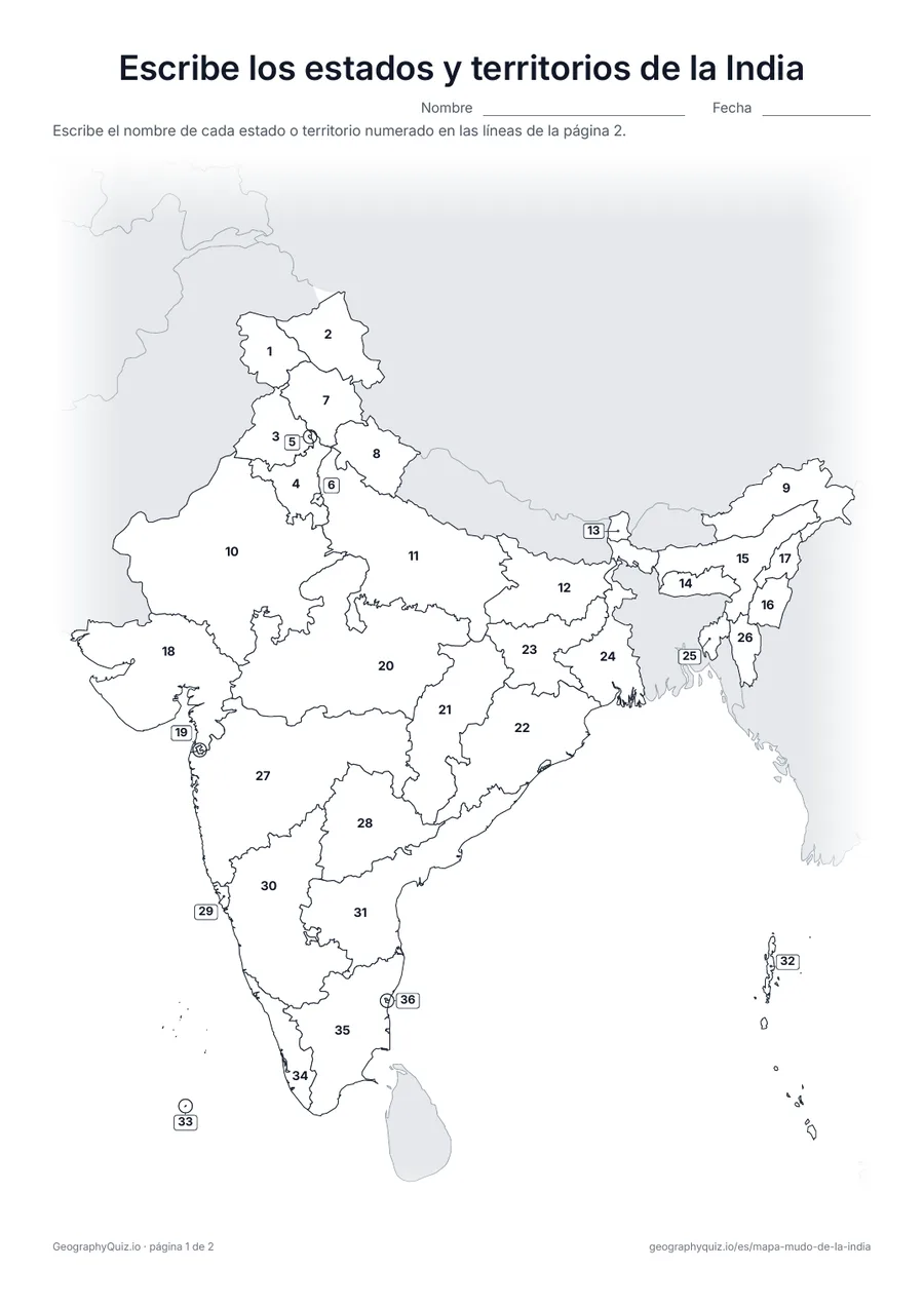 Vista previa de la ficha para imprimir «Escribe los estados y territorios de la India»