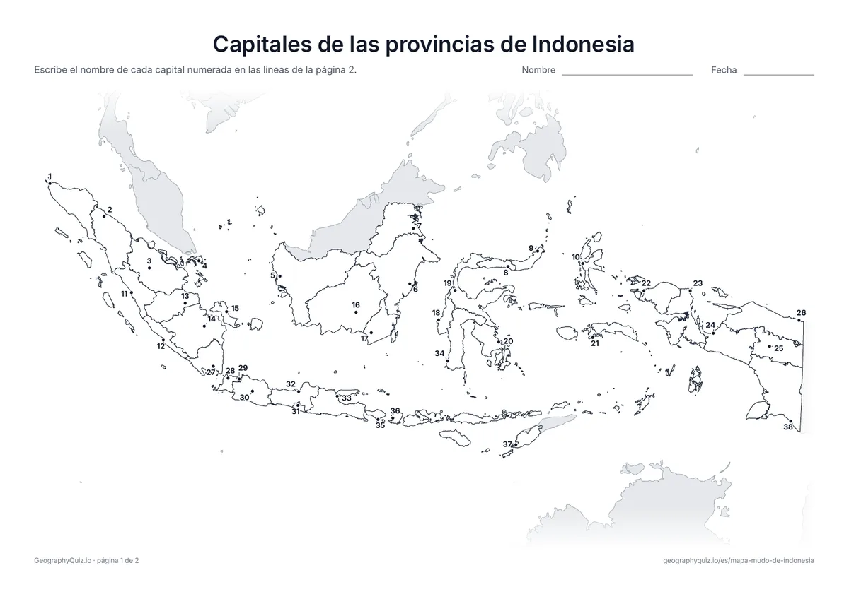Vista previa de la ficha para imprimir «Capitales de las provincias de Indonesia»