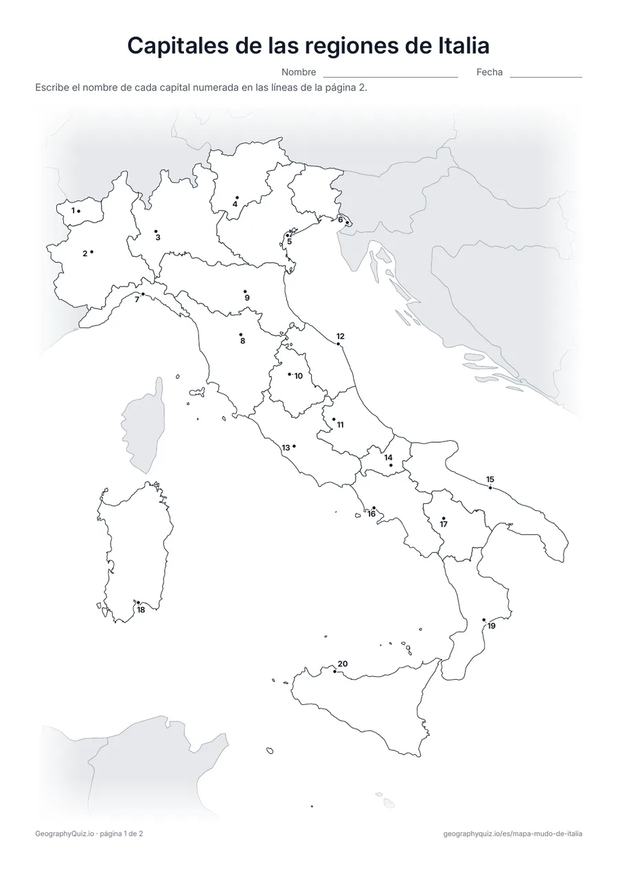 Vista previa de la ficha para imprimir «Capitales de las regiones de Italia»