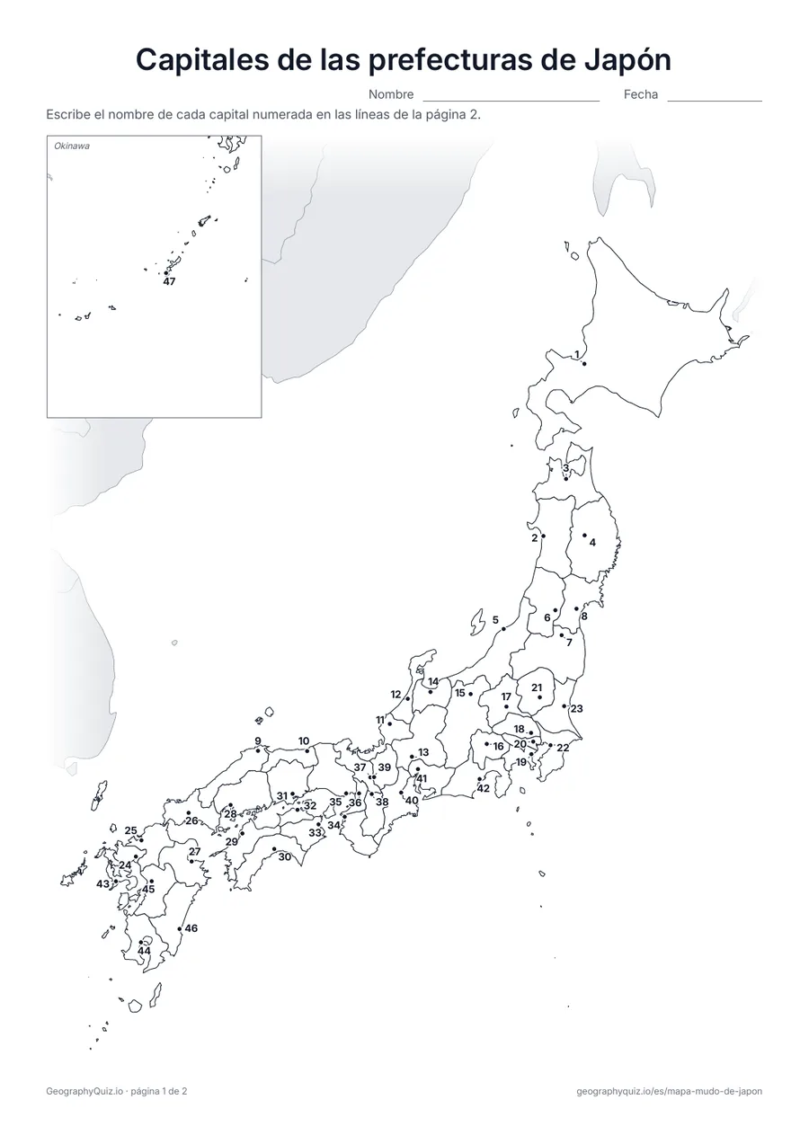 Vista previa de la ficha para imprimir «Capitales de las prefecturas de Japón»