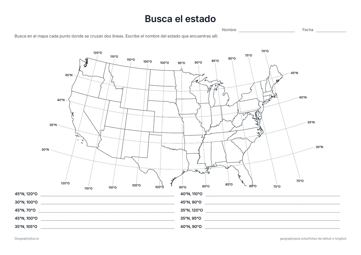 Vista previa de la ficha para imprimir «Busca el estado»: Diez coordenadas en un mapa de los 48 estados contiguos