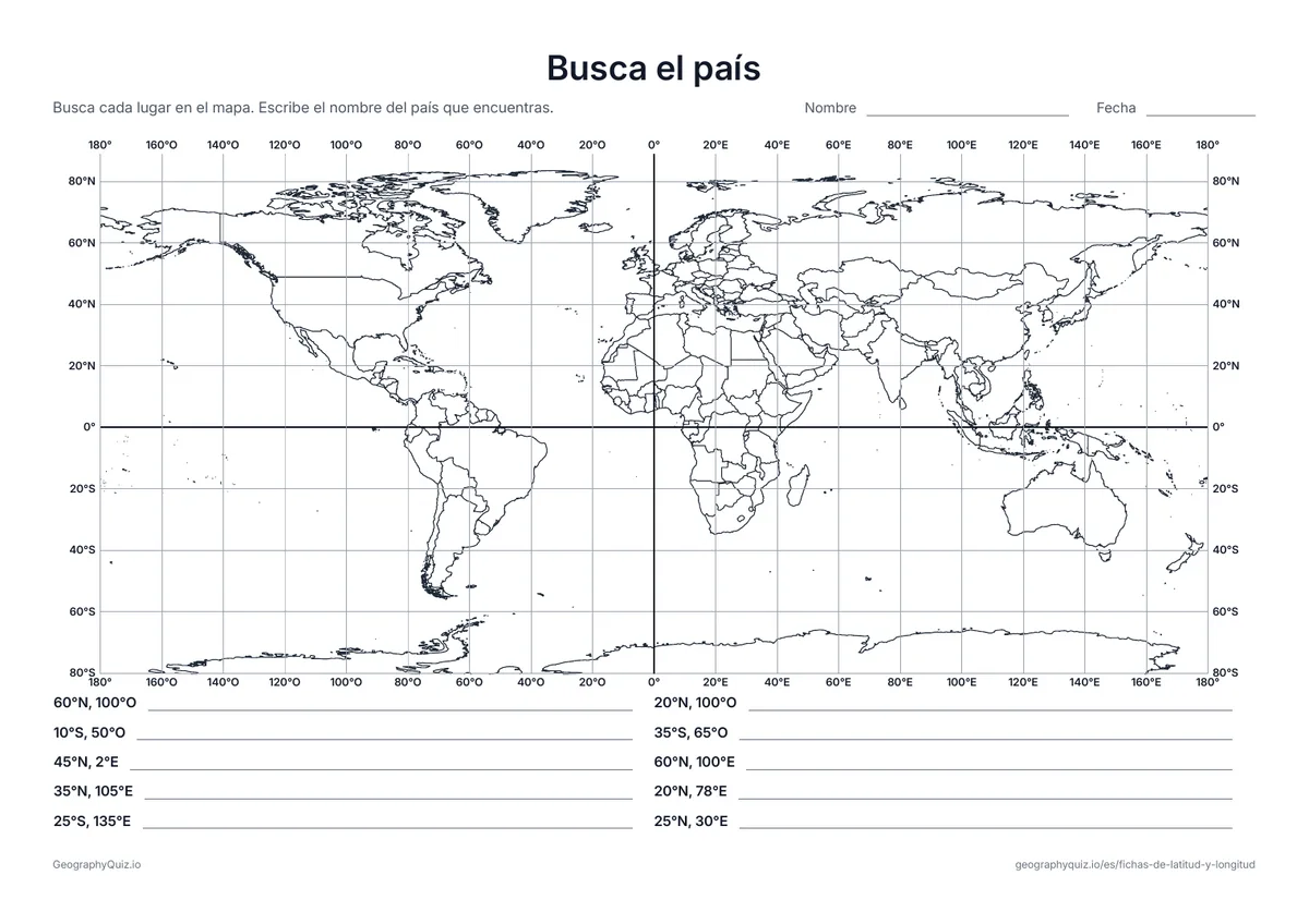 Vista previa de la ficha para imprimir «Busca el país»: Diez coordenadas en un mapa del mundo con fronteras