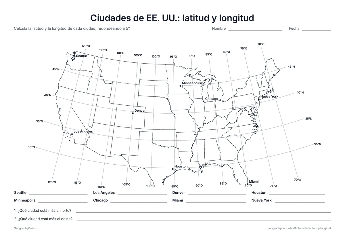 Vista previa de la ficha para imprimir «Ciudades de EE. UU.: latitud y longitud»: Un mapa de los 48 estados contiguos con líneas cada 5°