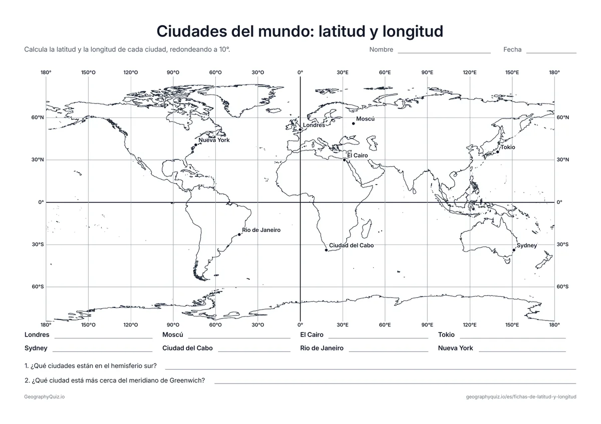 Vista previa de la ficha para imprimir «Ciudades del mundo: latitud y longitud»: Ocho ciudades del mundo en una cuadrícula de 30°