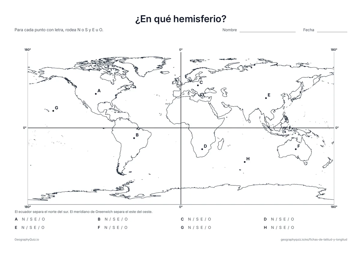 Vista previa de la ficha para imprimir «¿En qué hemisferio?»: El ecuador y el meridiano de Greenwich dividen el mapa en cuatro